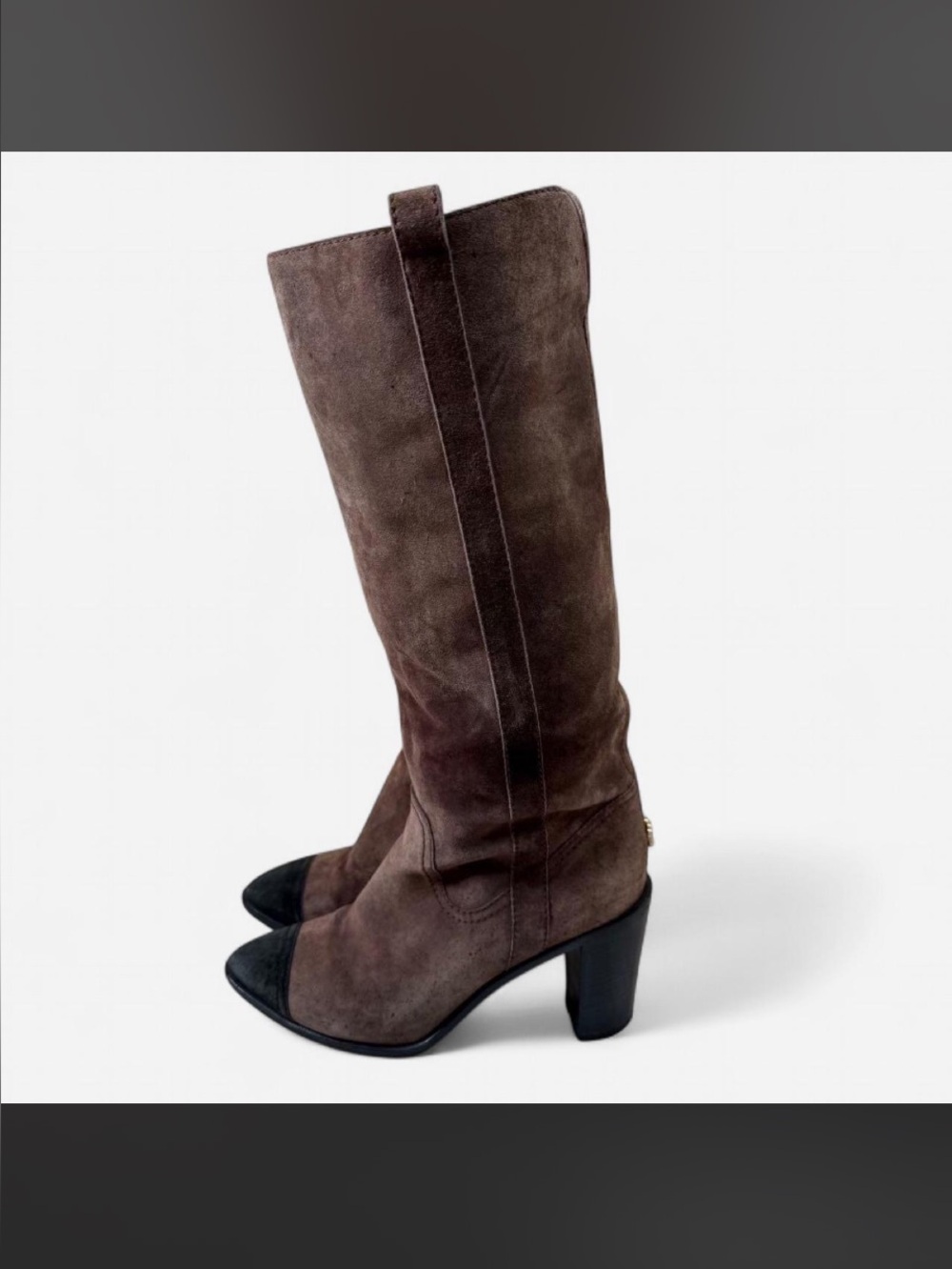 CHANEL Bordeaux/Burgundy Suede Knee Western Cowboy Boots with Black Cap Toe